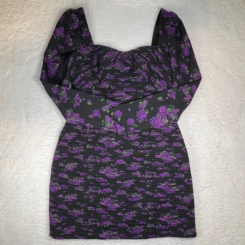 Floral Long Sleeve Mini Dress Sweetheart Neck Black Purple Romantic Size 4 AMUR - Picture 3 of 11